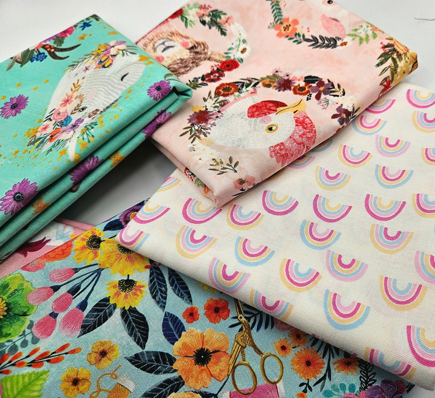 Whimsical Pastels Fabric Bundle - 6 Piece Curated Animal, Floral, and Rainbow Collection