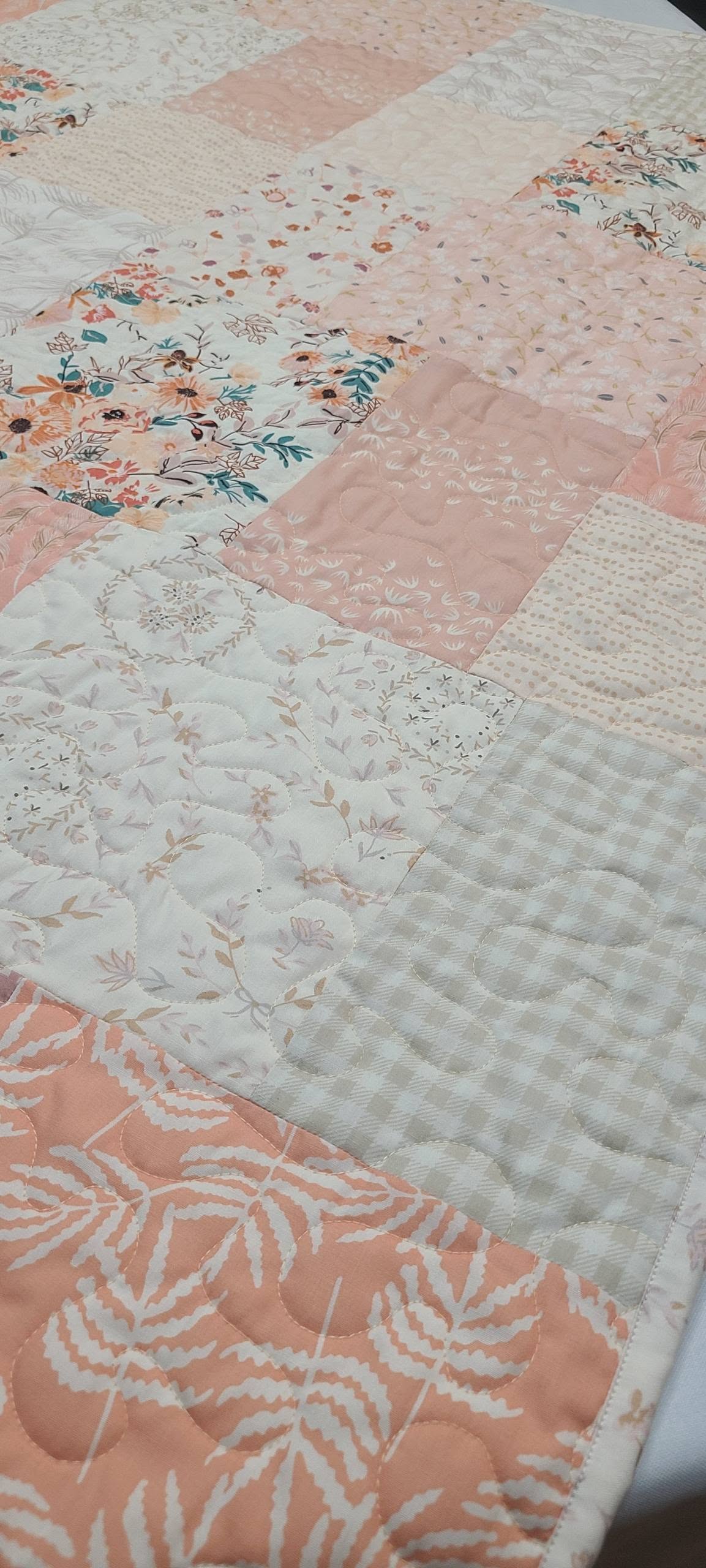 Farmhouse Baby Girl Quilt, Heirloom Quality, Crib Quilt, Patchwork, Blush Pink, Cream, Light Coral, Mauve, Handmade, Nursery