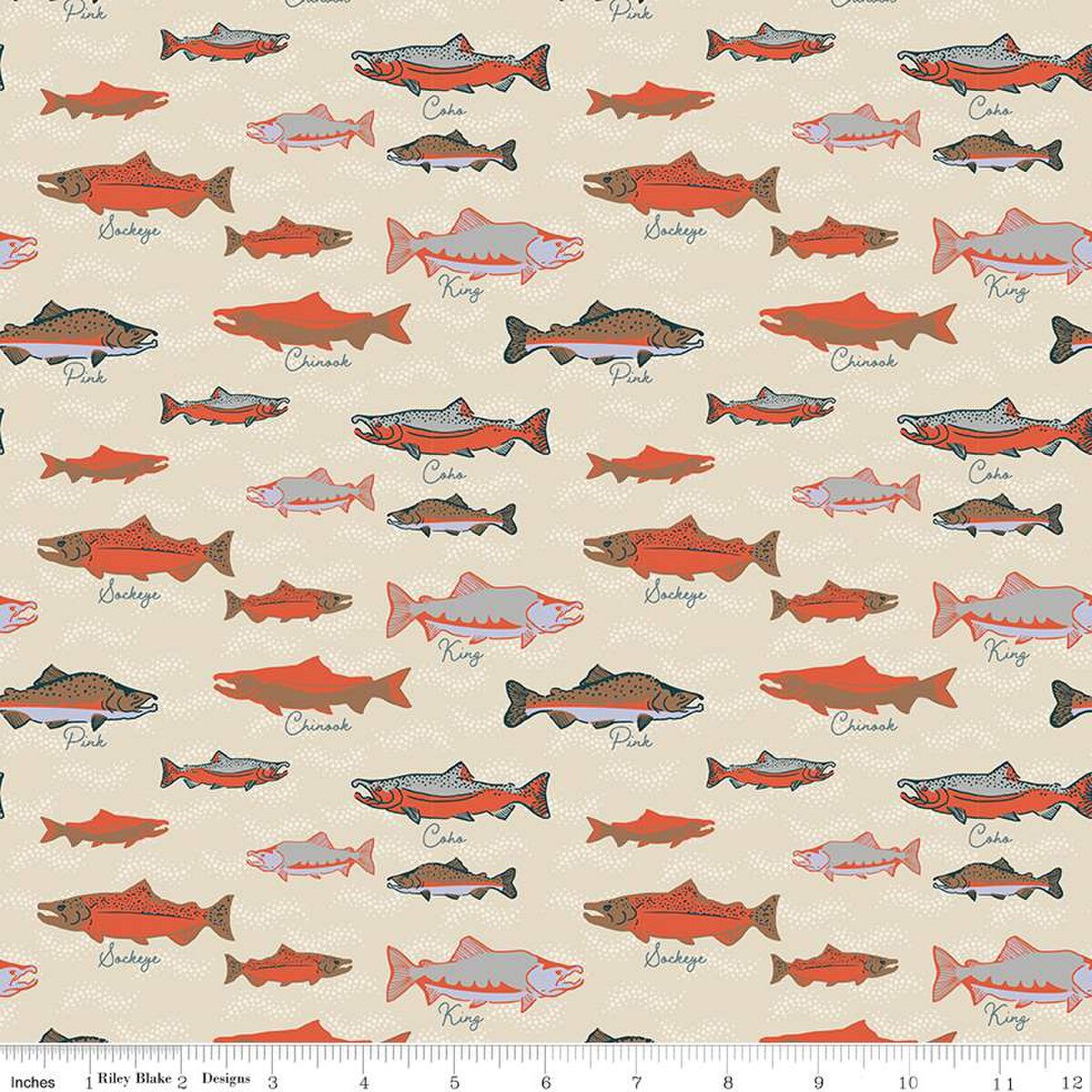 Alaska Salmon in Cream Cotton Fabric by Anderson Design Group for Riley Blake Designs