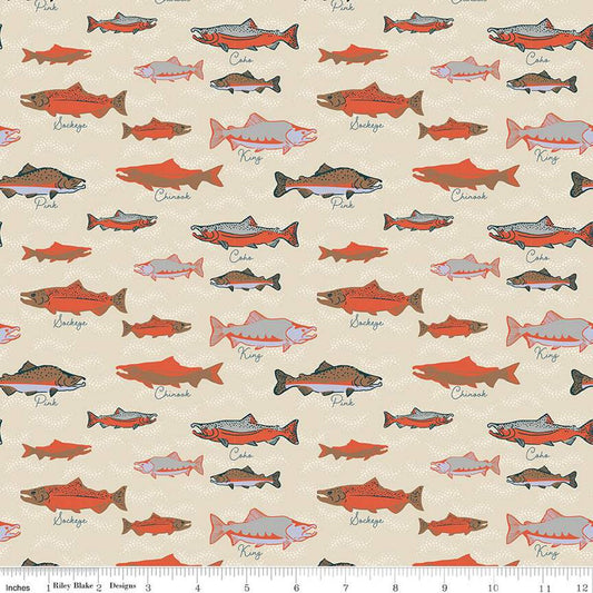 Alaska Salmon in Cream Cotton Fabric by Anderson Design Group for Riley Blake Designs