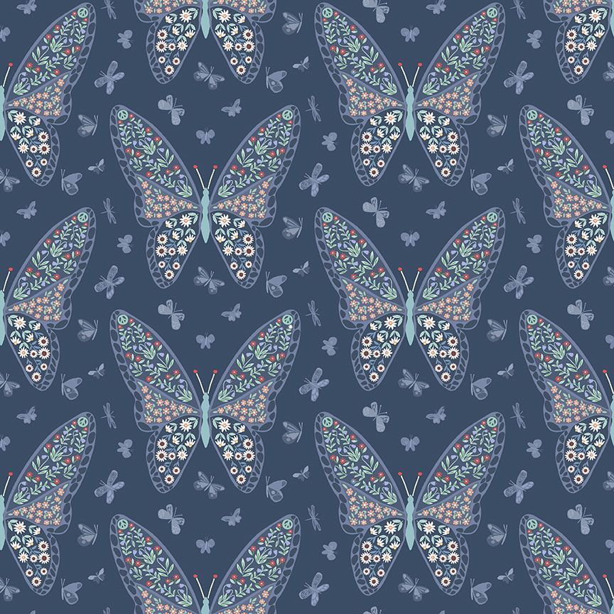 Seamless repeating pattern of large, detailed light blue butterflies filled with intricate daisies, tiny red flowers, green leaves, and mini peace signs on a deep navy blue background.