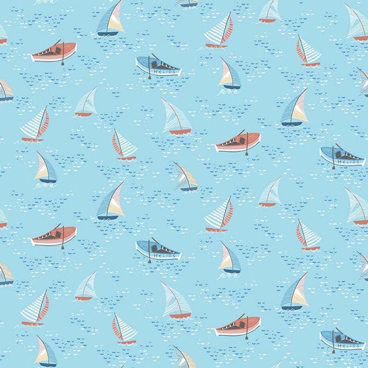 Sailboat Fabric, Seas the Day, STELLA-D3422, AQUA blue, Wanderlust, quilting cotton