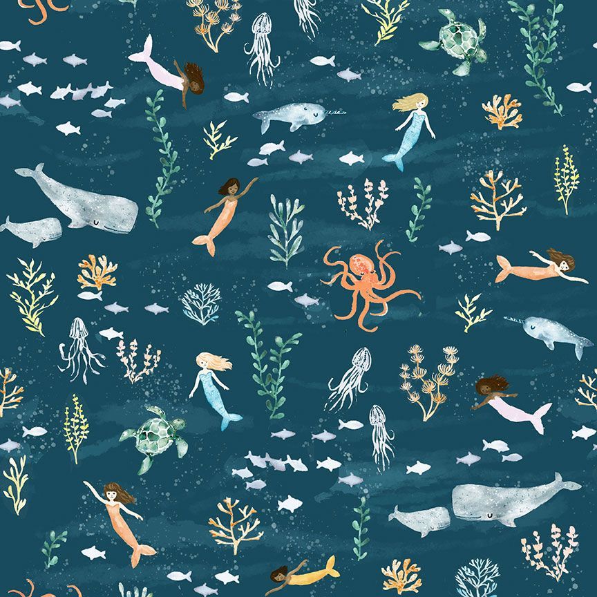 Mermaid Fabric, Octopus, Sea Turtles, Whales, Ocean Life, Dear Stella, STELLA-DCJ2476 MULTI, Quilting Cotton