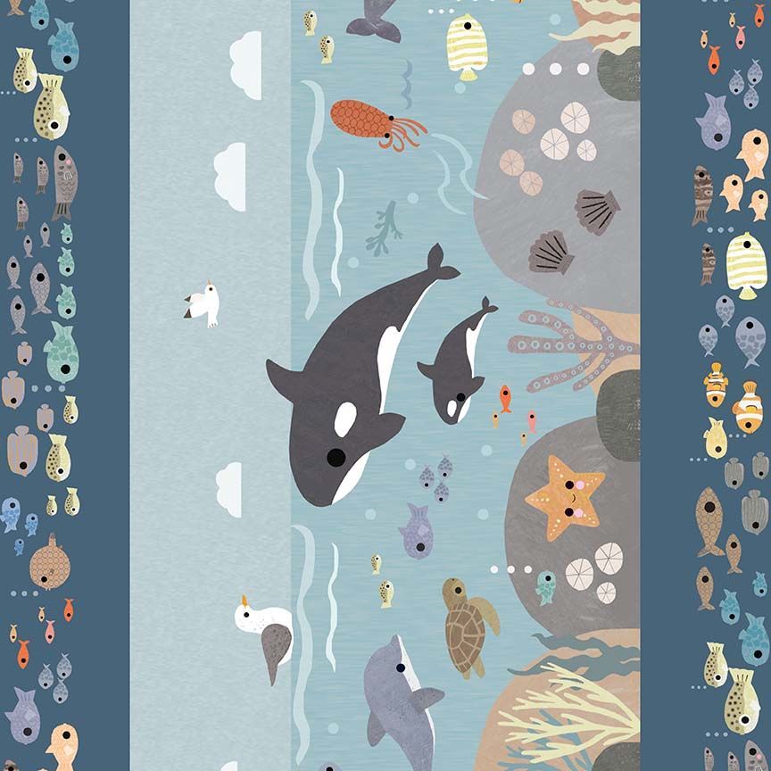 High Seas Stripe Sea Life Fabric - Orca & Narwhal Border Print by the Yard - Stella DLT3418 Multi