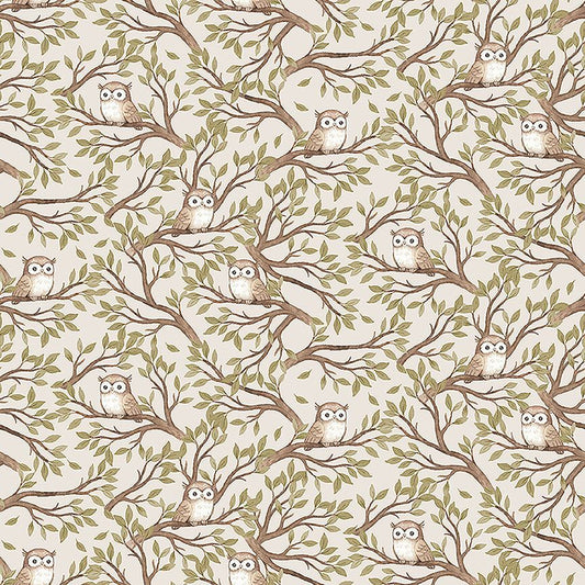 Dear Stella Count On Me Hooters fabric in taupe, featuring a repeating pattern of whimsical storybook owls perched on tree branches with green leaves.