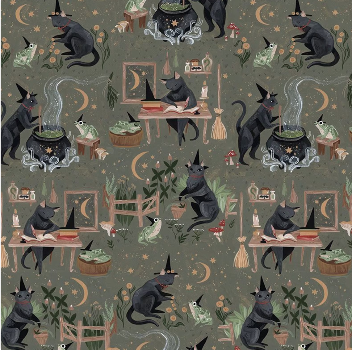 Witchy Cat Fabric, Halloween, Magic Tools, Goblincore, Dear Stella, Quilting Fabric, STELLA-DRR2537