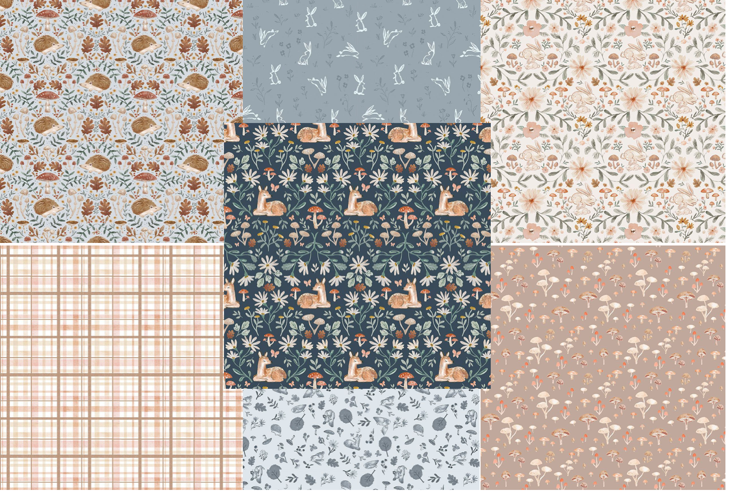 Fat Quarter Bundle, Woodland Fabric, Willow, 7 piece, Dear Stella, Quilting Weight, Cotton, Mushrooms, Fawn, Bunnies, Hedgehogs