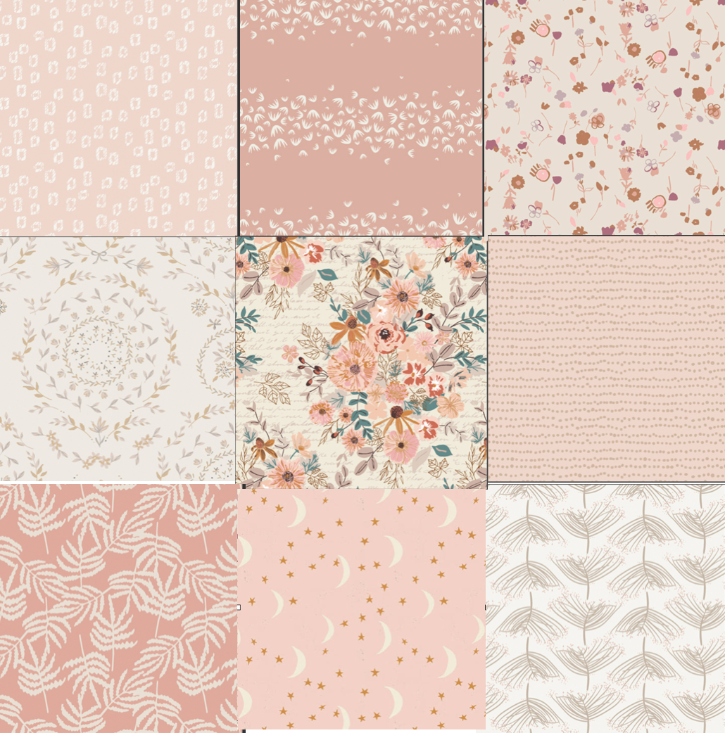 Blush Pinks, Florals, 9 pieces, Fat Quarter Bundle, Cotton Fabric, Art Gallery Fabrics, Soft tones, curated bundle