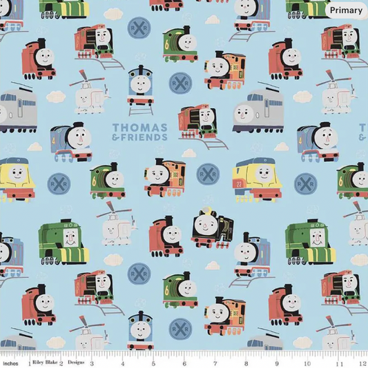 Thomas & Friends Quilting Fabric: Sodor Railway Light Blue Novelty Print, Train Fabric