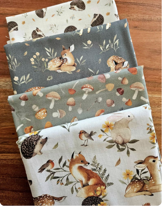 Woodland Fabric Fat Quarter Bundle, Fawns, Mushrooms, Gray Cotton, 4 piece, Dear Stella, Quilting Weight, Cotton