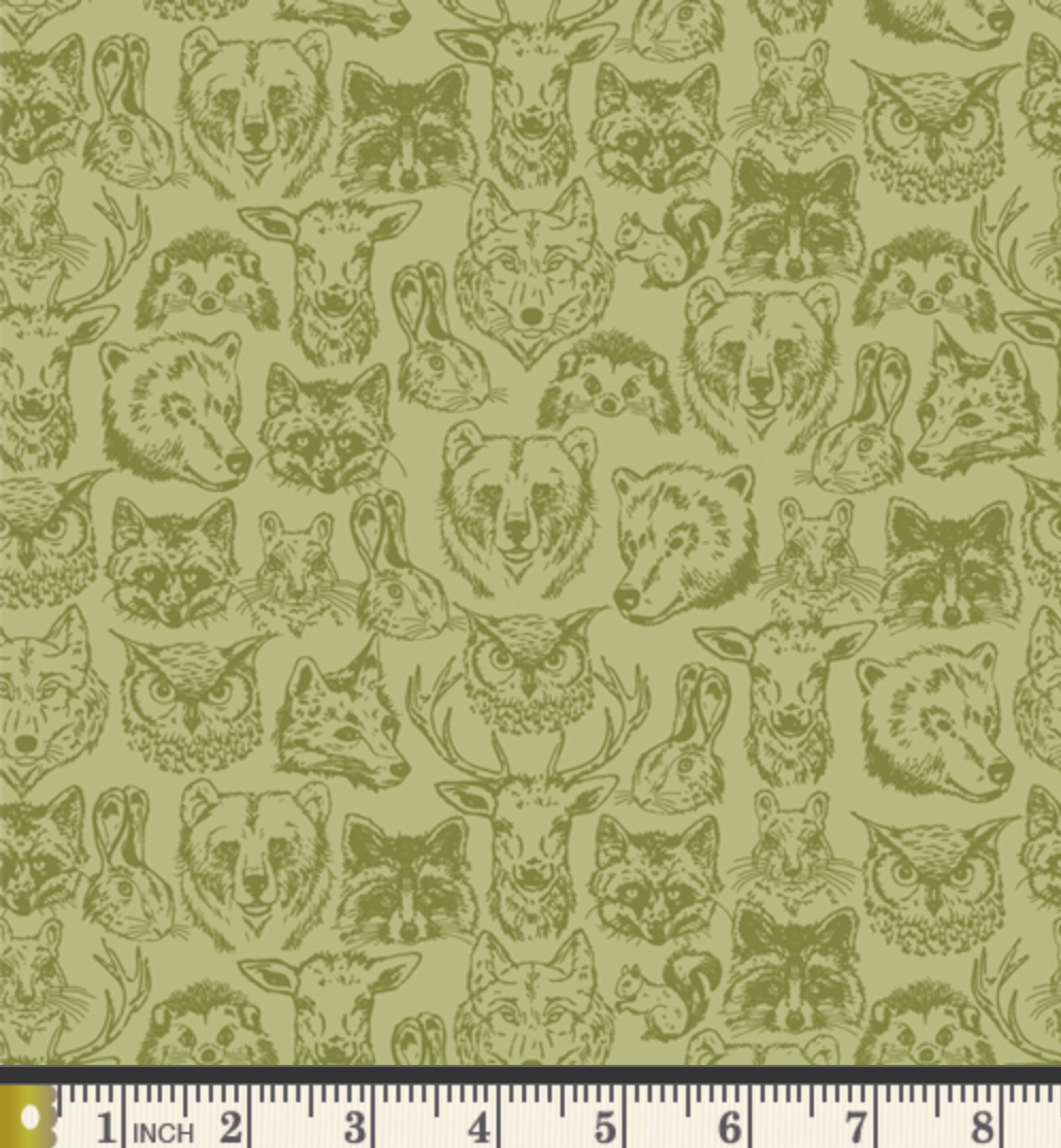 Wildlife Buddies, Happy Camper, Art Gallery Quilting Fabric, Green Animal Faces Fabric