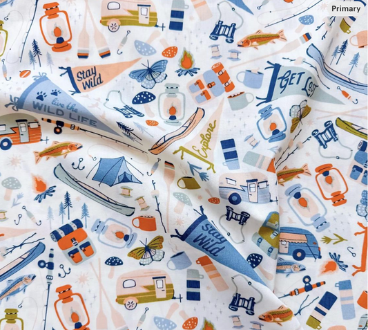 White Camping Themed Fabric, Happy Camper, Jamboree Quilting Fabric, Art Gallery Fabrics