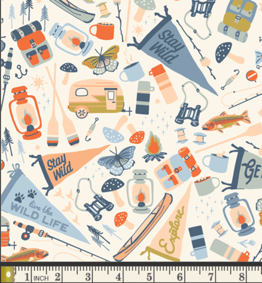 White Camping Themed Fabric, Happy Camper, Jamboree Quilting Fabric, Art Gallery Fabrics