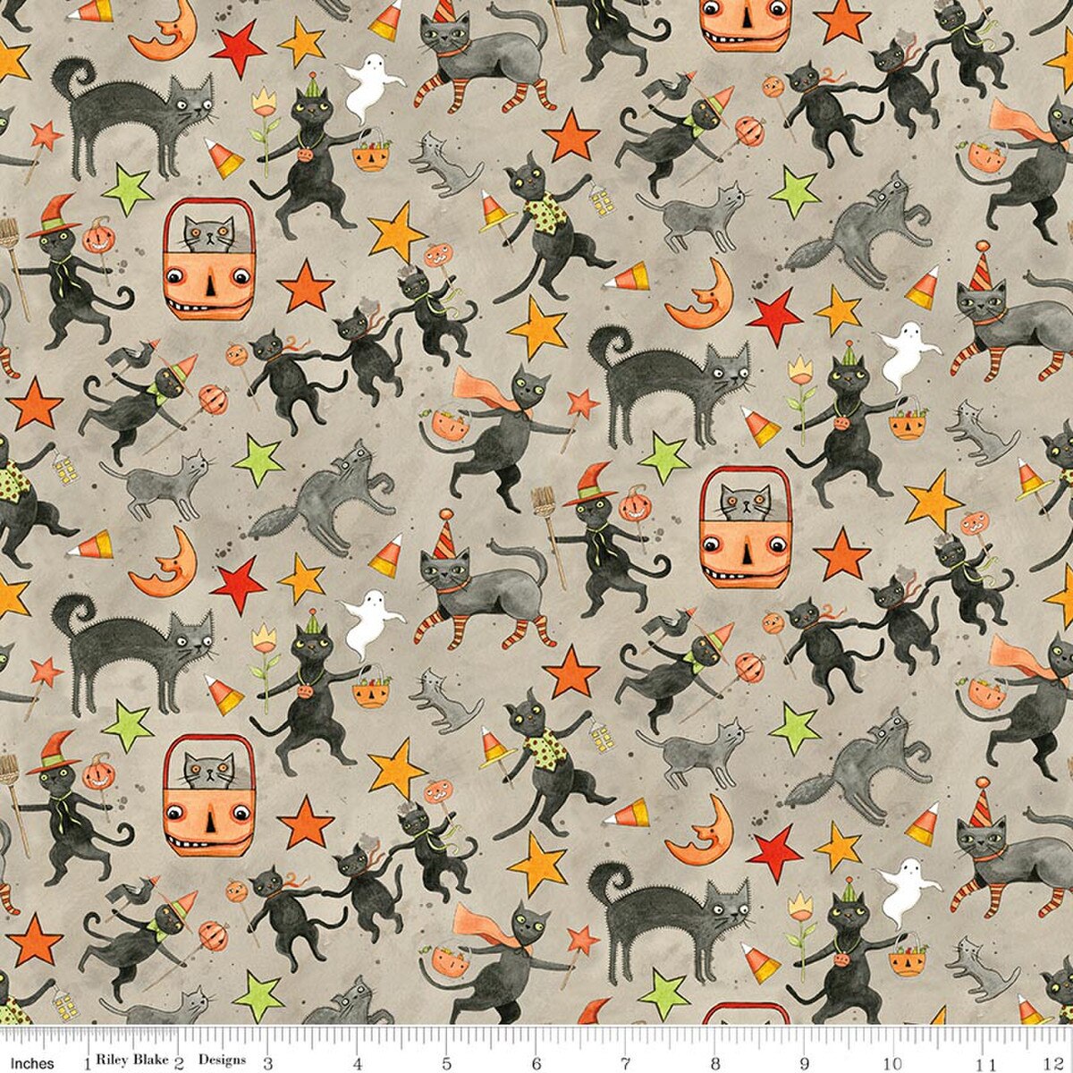 Spooky Black Cats in Gray Cotton Fabric by Teresa Kogut for Riley Blake Designs