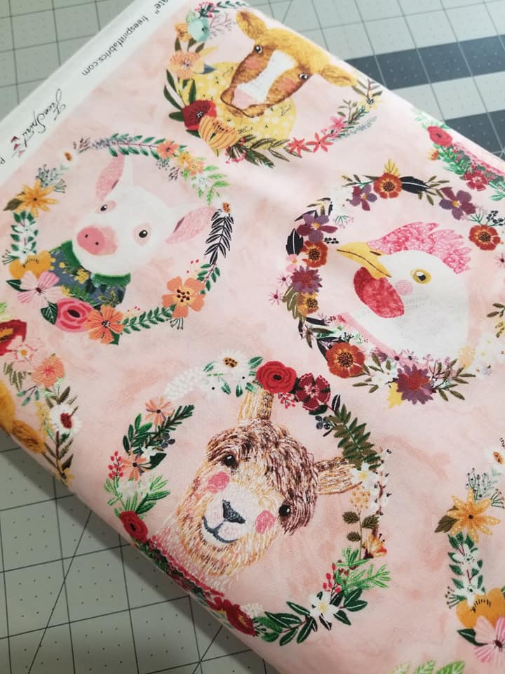Farm Friends, Quilting Cotton, Farm Badges Peach, Llamas, Cows, PIgs, Chickens