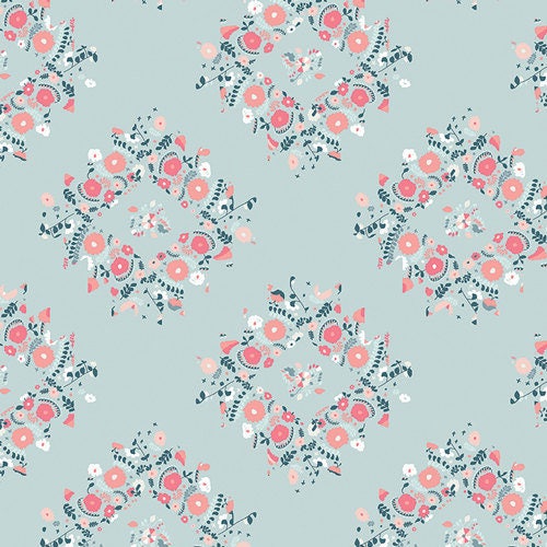 Modern Floral Cotton Fabric, Joy Wreaths Ice, Art Gallery, Blithe, Quilting Weight, Blue and Pink, Fabric by the Yard, Yardage, Shabby Chic