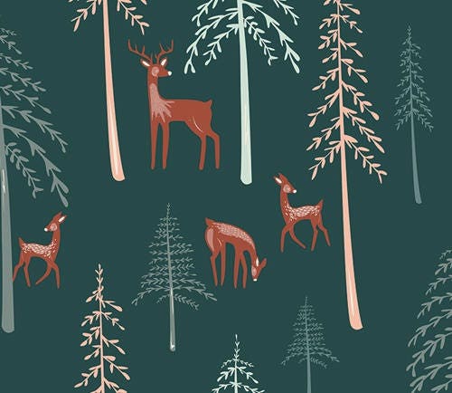 Woodland Fabric, Deer Fabric, By the Yard, Art Gallery Fabrics, Among the Pines, Campsite, Baby Quilt Material, Nursery Decor, Forest Green