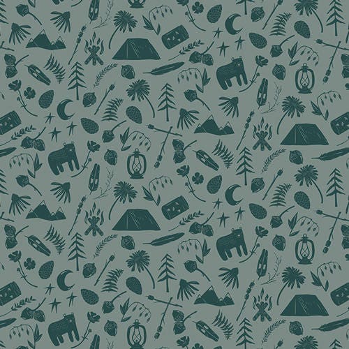 Art Gallery Fabric, Green, Camping Themed, Quilting Fabric, By the Yard, Camping Stories, Campsite