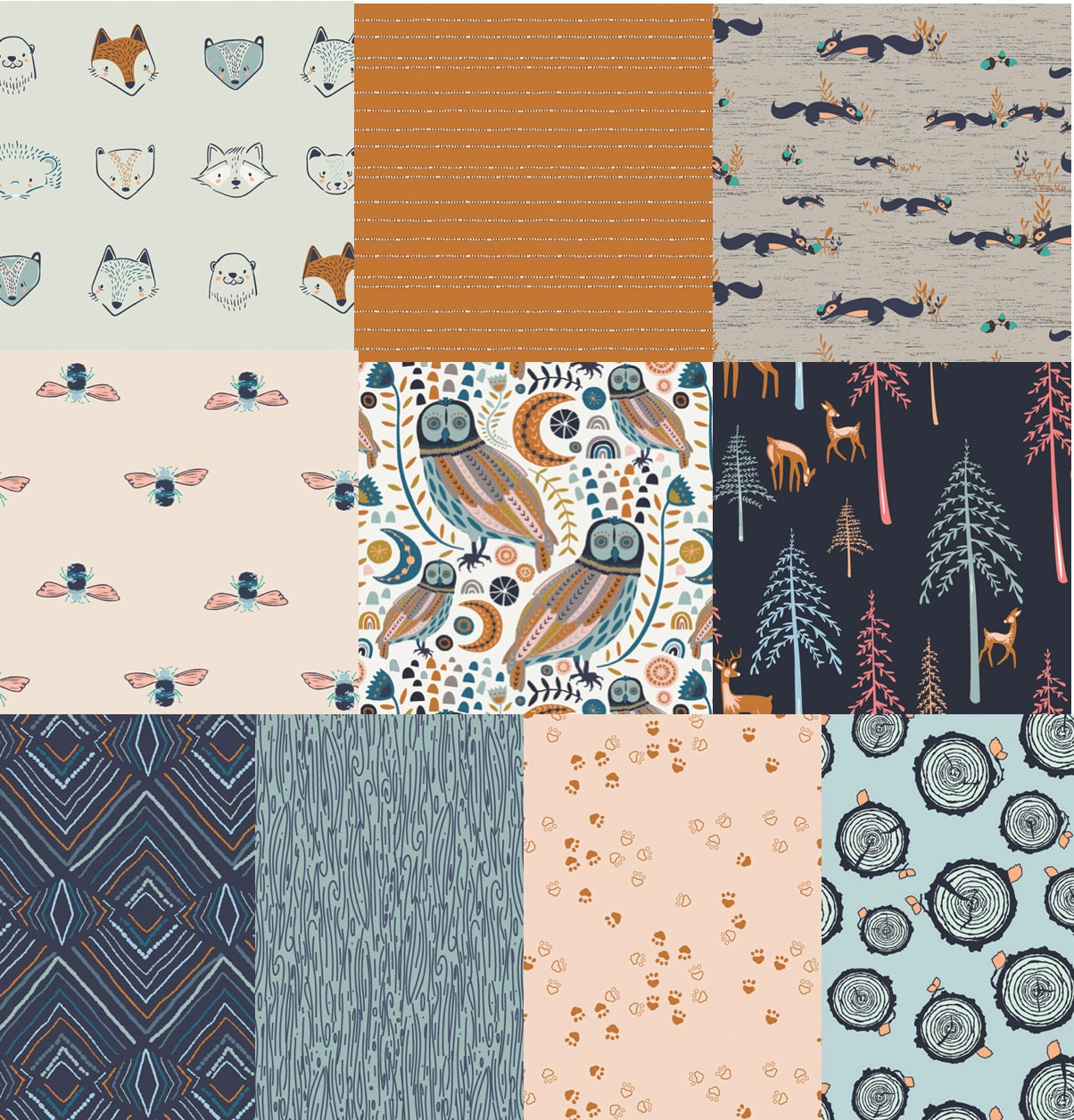 Woodland Fabric Bundle, Art Gallery Fabrics, Fox, Deer, Little Forester, 10 piece fat quarter bundle, Quilting Cotton