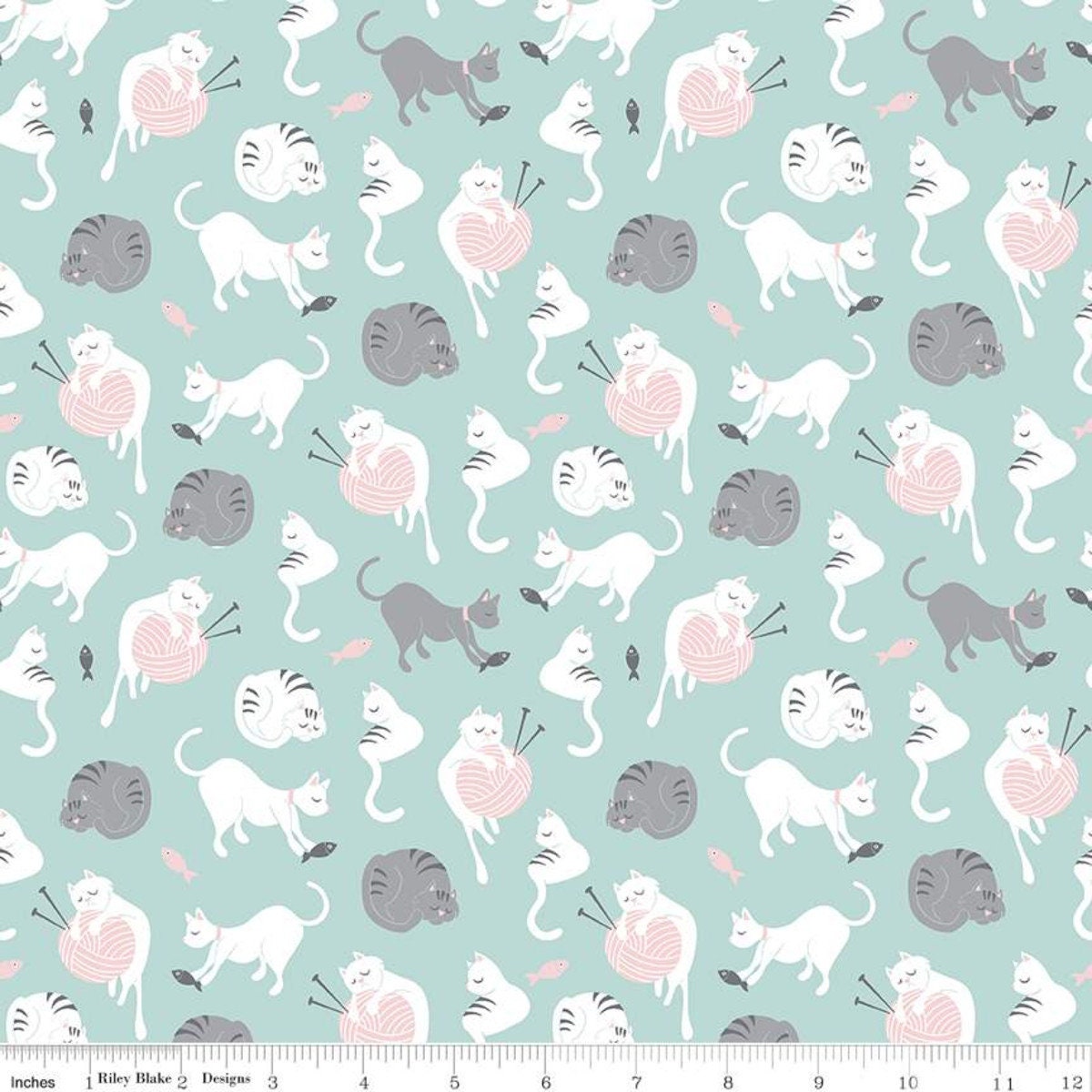 Cat Fabric, Purrfect Day, Yarn Aqua, Riley Blake designs, Quilting Cotton