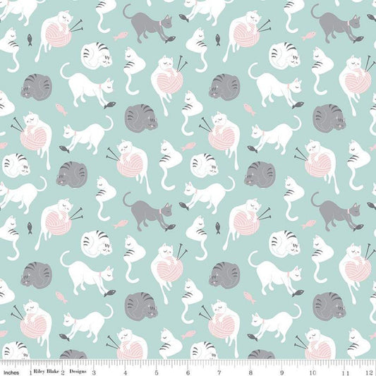Cat Fabric, Purrfect Day, Yarn Aqua, Riley Blake designs, Quilting Cotton