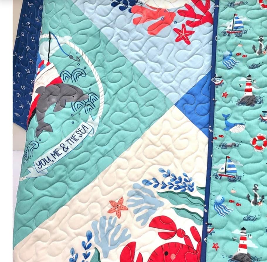 Nautical Baby Quilt, Gender Neutral, Blues, Whale Anchor, Ship, Dolphin, Lighthouse, Crab, Handmade