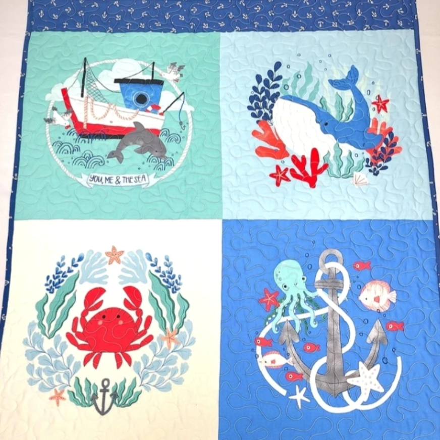 Nautical Baby Quilt, Gender Neutral, Blues, Whale Anchor, Ship, Dolphin, Lighthouse, Crab, Handmade