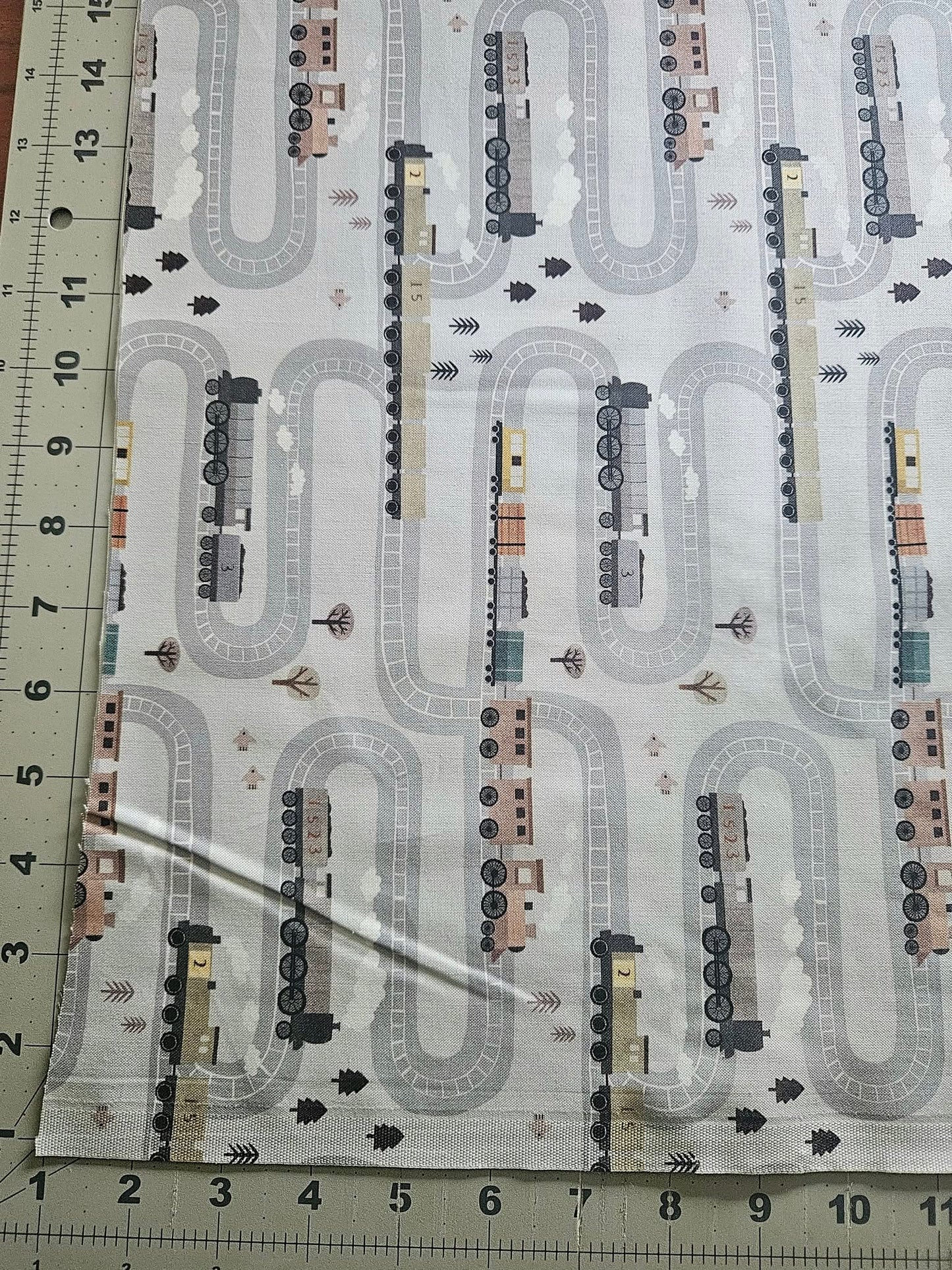 Train Fabric, On the Right Track, Dear Stella, Quilting Cotton, Gray,  STELLA-DLT3302  FOG