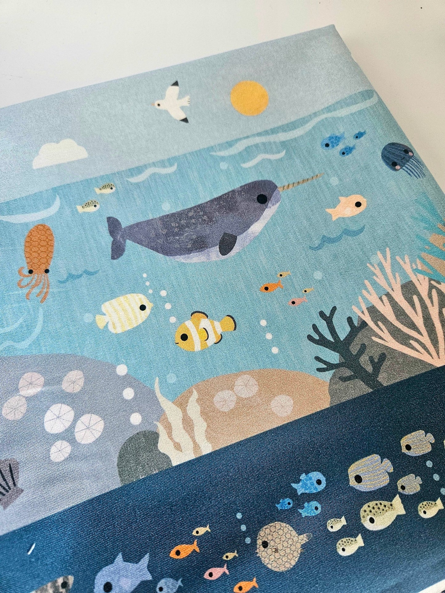 High Seas Stripe Sea Life Fabric - Orca & Narwhal Border Print by the Yard - Stella DLT3418 Multi