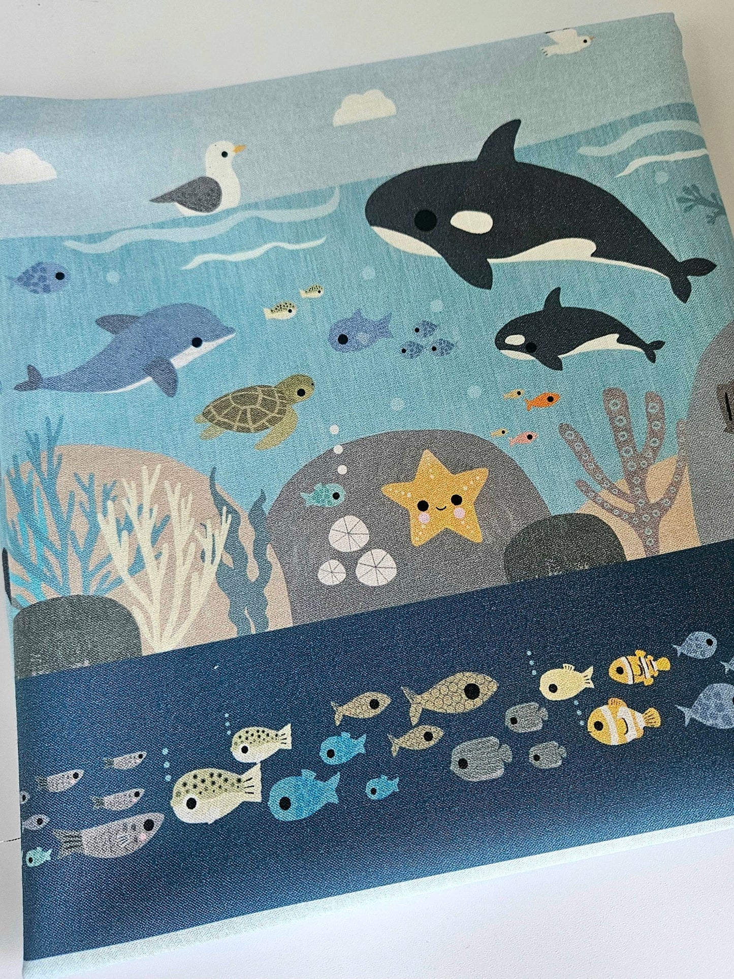 High Seas Stripe Sea Life Fabric - Orca & Narwhal Border Print by the Yard - Stella DLT3418 Multi