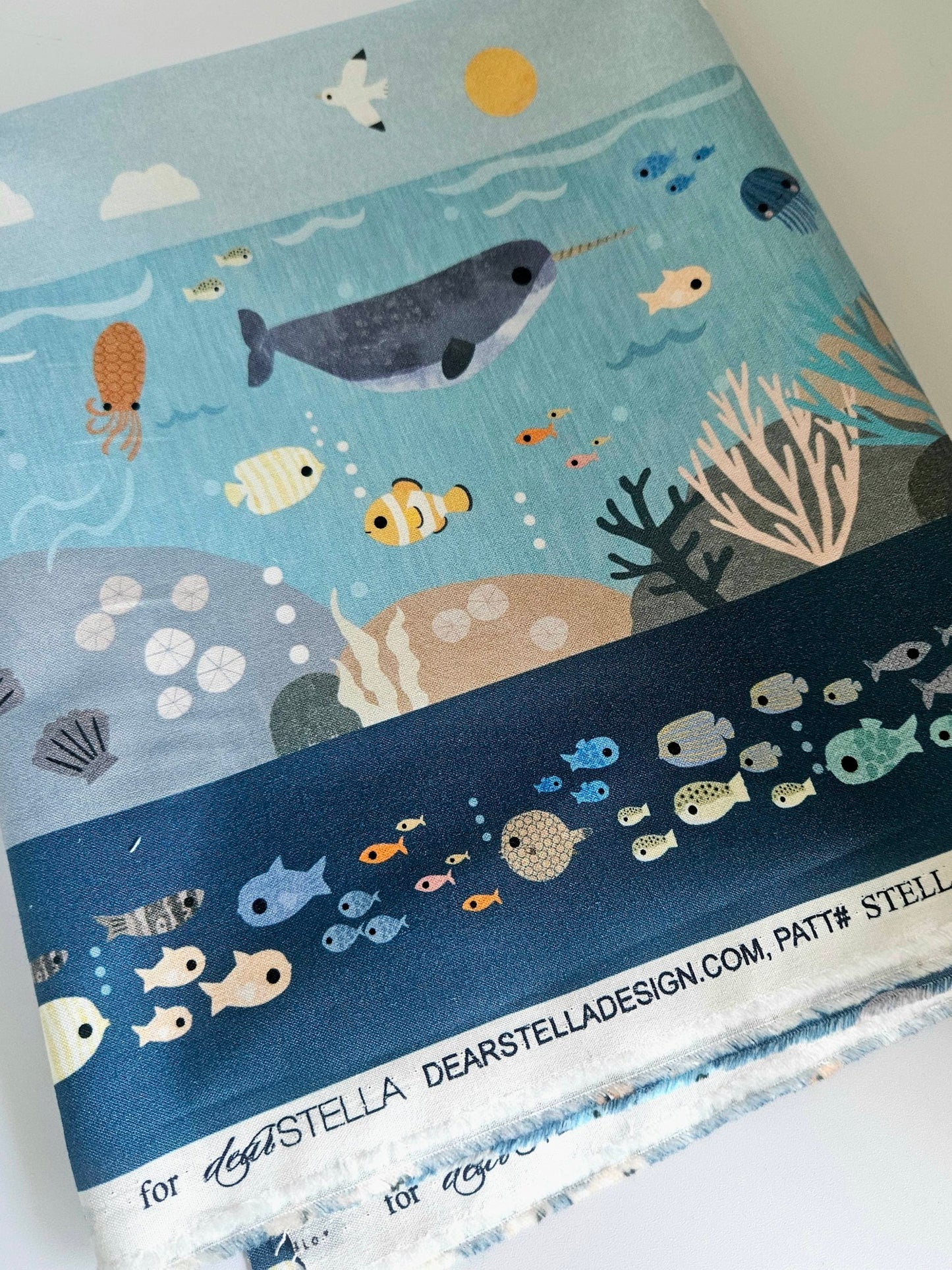 High Seas Stripe Sea Life Fabric - Orca & Narwhal Border Print by the Yard - Stella DLT3418 Multi