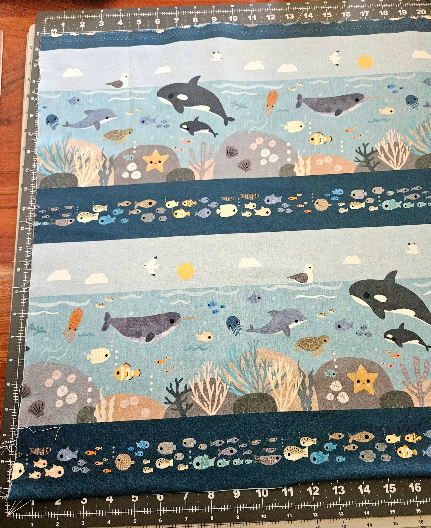 High Seas Stripe Sea Life Fabric - Orca & Narwhal Border Print by the Yard - Stella DLT3418 Multi