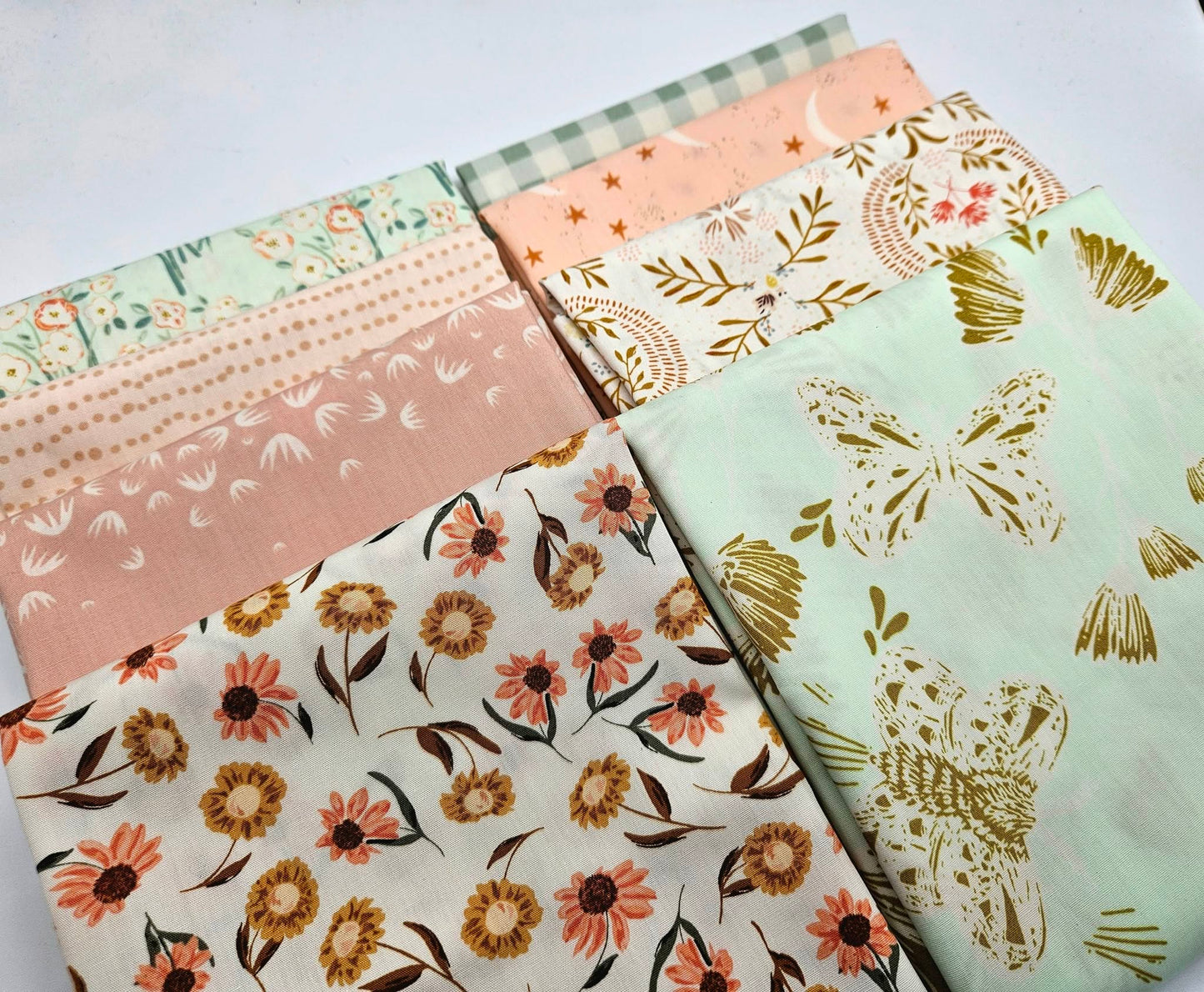 Earthy Floral & Celestial Cotton Fabric Fat Quarter Bundle - Sage, Mint & Peach