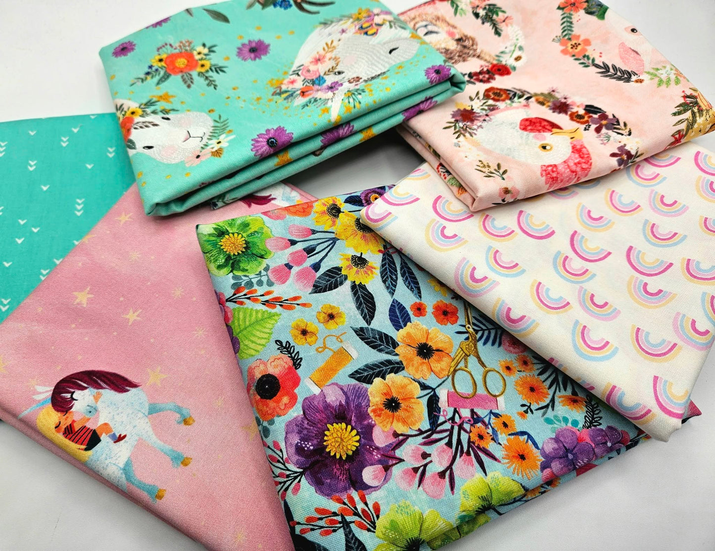 Whimsical Pastels Fabric Bundle - 6 Piece Curated Animal, Floral, and Rainbow Collection