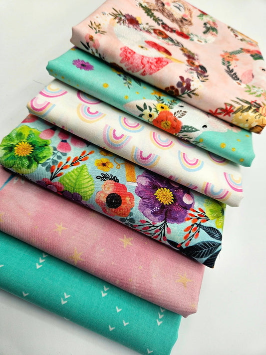 Whimsical Pastels Fabric Bundle - 6 Piece Curated Animal, Floral, and Rainbow Collection