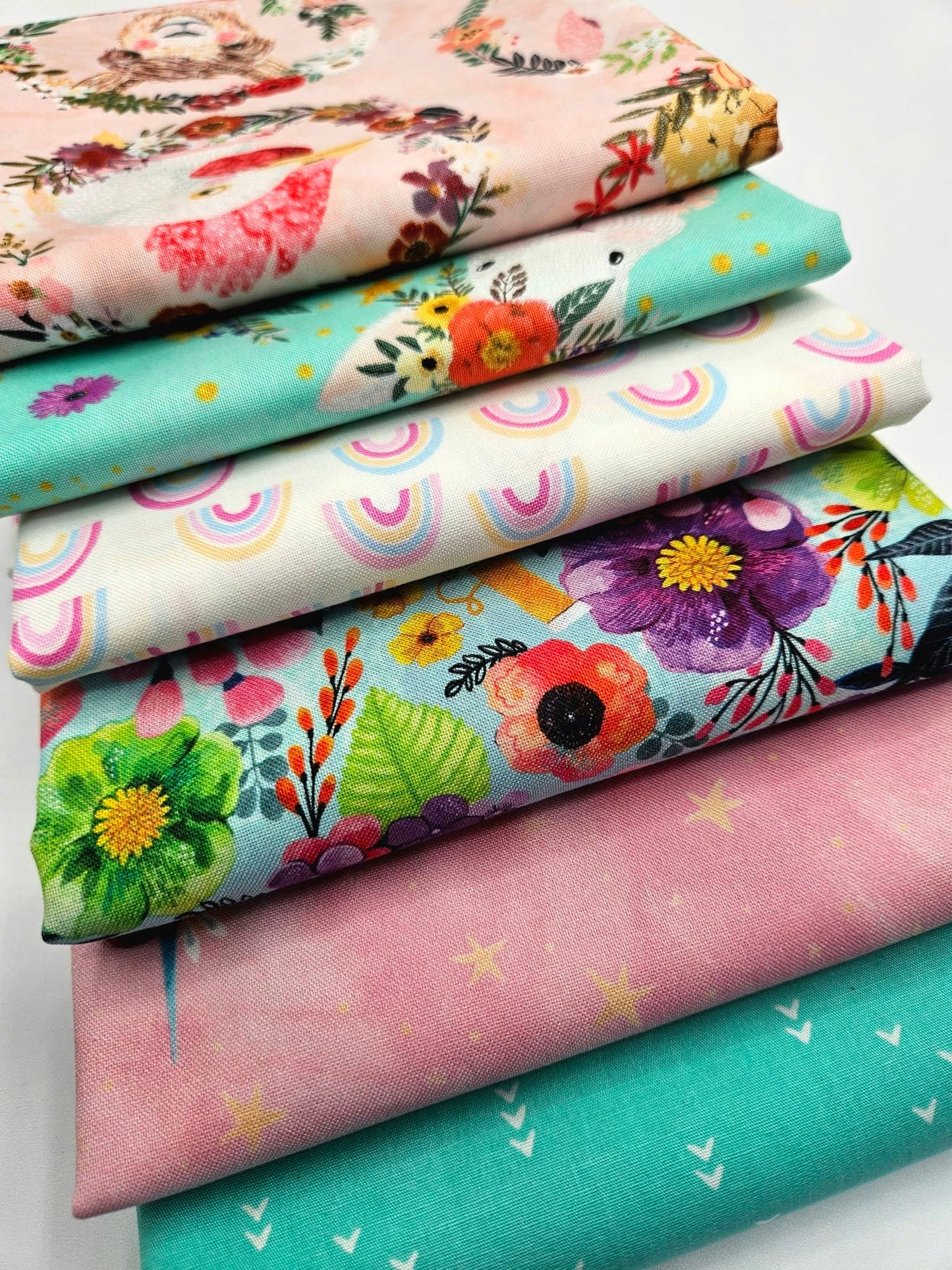 Whimsical Pastels Fabric Bundle - 6 Piece Curated Animal, Floral, and Rainbow Collection
