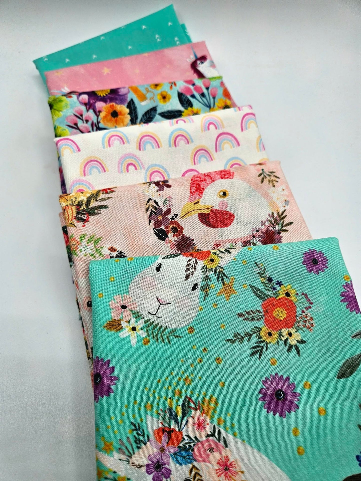 Whimsical Pastels Fabric Bundle - 6 Piece Curated Animal, Floral, and Rainbow Collection