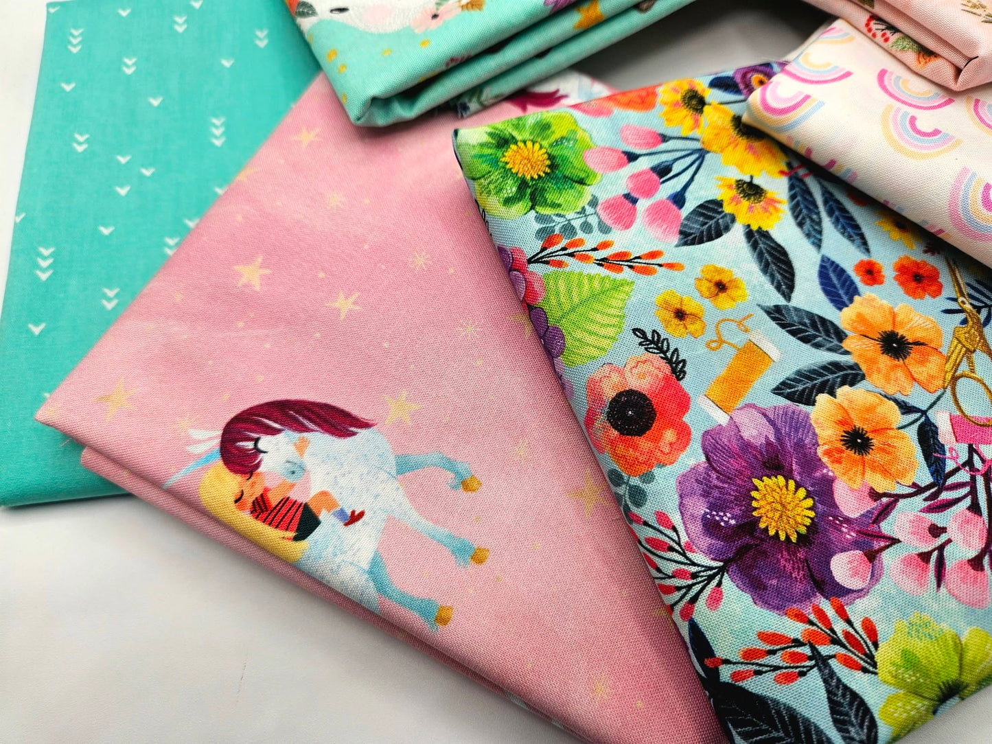 Whimsical Pastels Fabric Bundle - 6 Piece Curated Animal, Floral, and Rainbow Collection