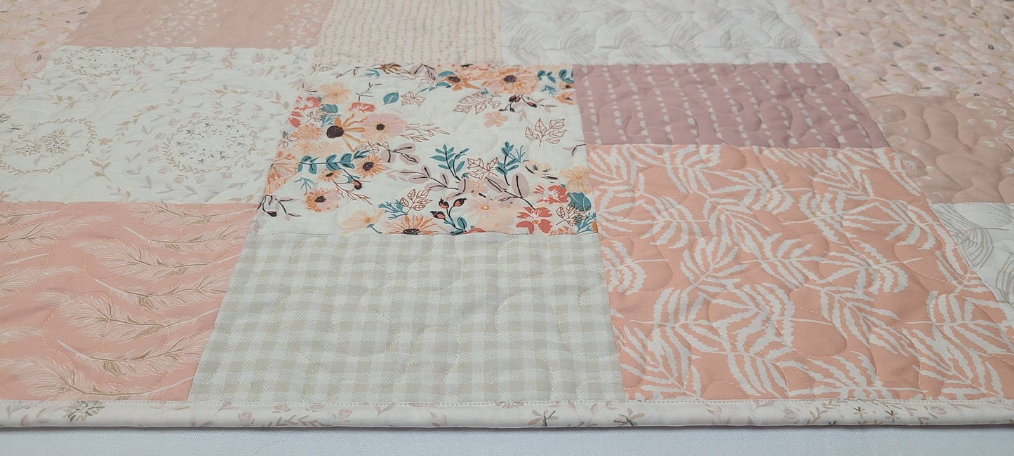 Farmhouse Baby Girl Quilt, Heirloom Quality, Crib Quilt, Patchwork, Blush Pink, Cream, Light Coral, Mauve, Handmade, Nursery