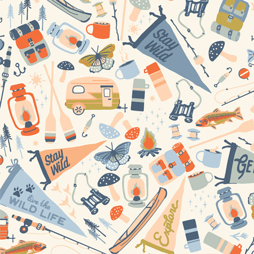 White Camping Themed Fabric, Happy Camper, Jamboree Quilting Fabric, Art Gallery Fabrics