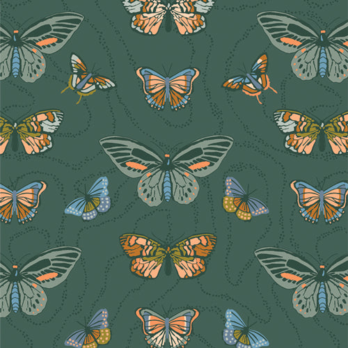 Green Butterfly Fabric, Free Spirited Happy Camper, Quilting Fabric, Art Gallery Fabrics