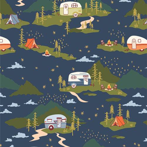 Navy Camping Themed Fabric, Campfire Stories, Quilting Fabric, Art Gallery Fabrics