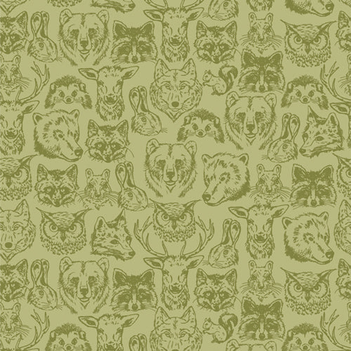 Wildlife Buddies, Happy Camper, Art Gallery Quilting Fabric, Green Animal Faces Fabric