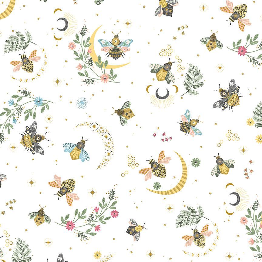 Dear Stella Sting Like a Bee Fabric | White Celestial Cotton by the Yard