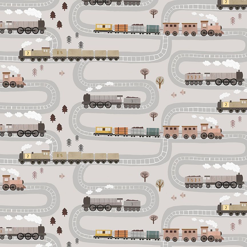 Train Fabric, On the Right Track, Dear Stella, Quilting Cotton, Gray,  STELLA-DLT3302  FOG