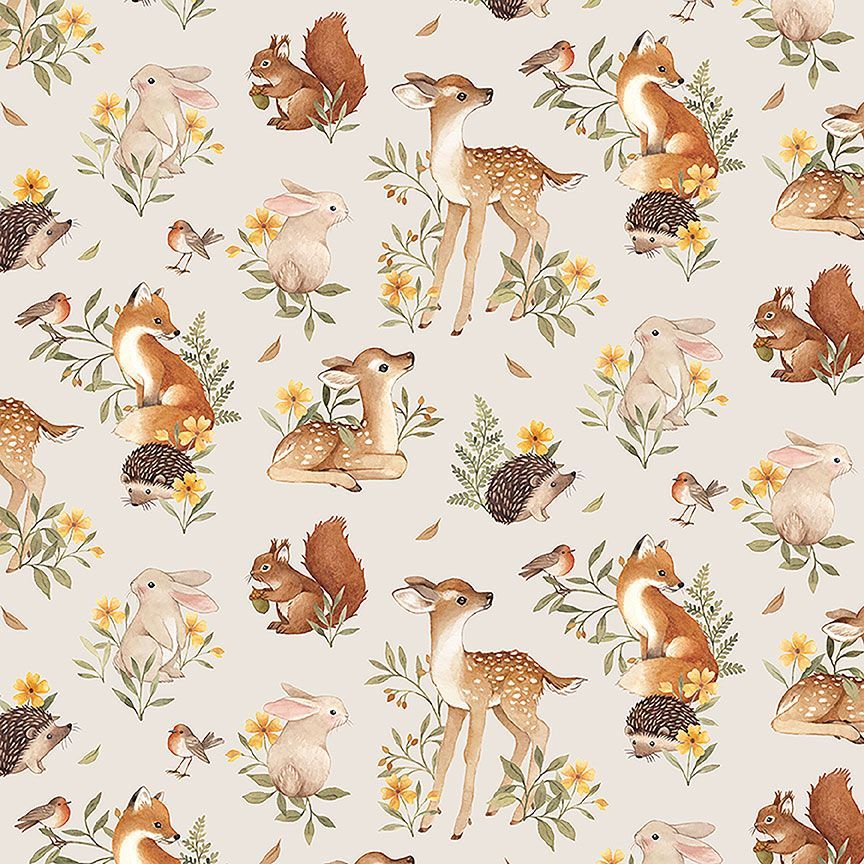 Watercolor woodland critters fabric featuring fawns, foxes, bunnies, and robins on a taupe background by Dear Stella