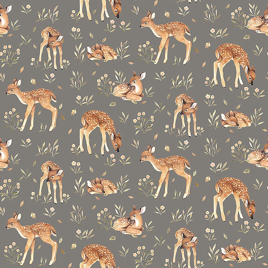 Watercolor spotted fawns and delicate wildflowers on a pewter gray background fabric by Dear Stella
