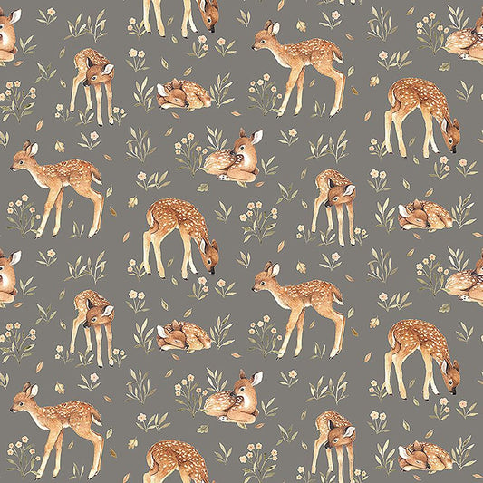 Watercolor spotted fawns and delicate wildflowers on a pewter gray background fabric by Dear Stella