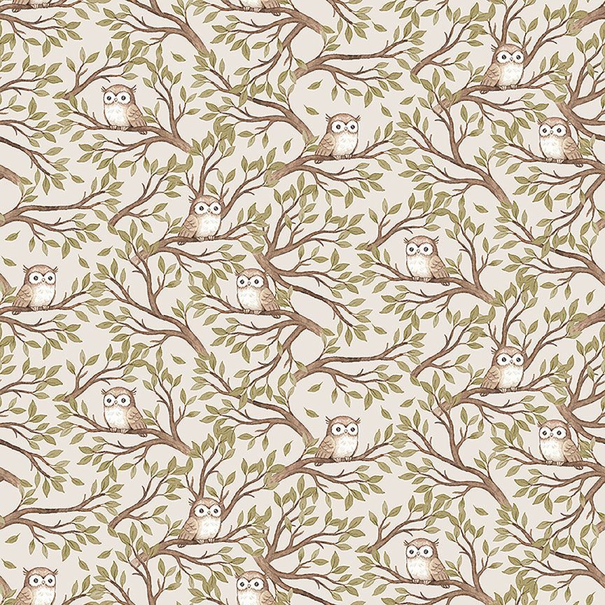 Dear Stella Count On Me Hooters fabric in taupe, featuring a repeating pattern of whimsical storybook owls perched on tree branches with green leaves.