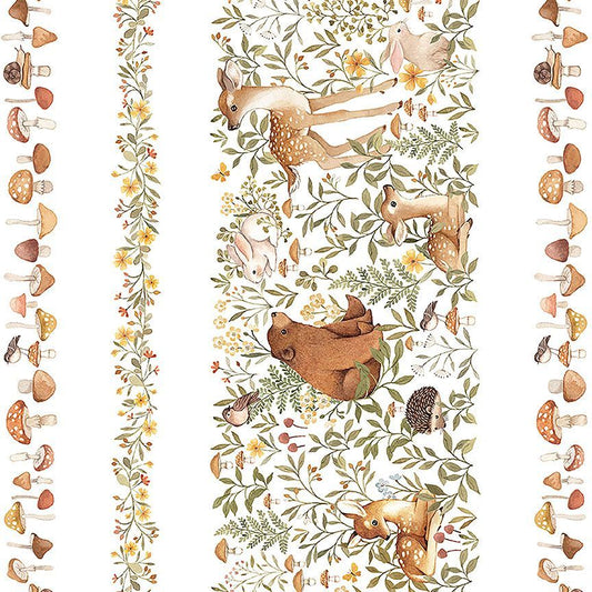 Dear Stella Woodland Friends Stripe fabric in white with watercolor deer, rabbits, a bear, and rows of forest mushrooms.